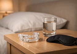Clear nightguard on bedside table next to glass of water and black sleeping mask