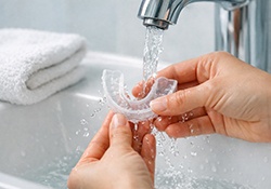 Hands holding nightguard under running water
