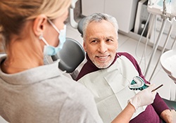 a patient discussing the cost of dentures in Green Hills