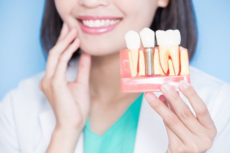 A woman dentist holding up a dental implant model