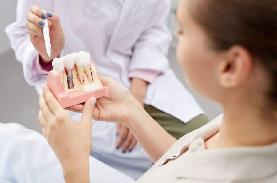 Dentist showing patient dental implant model